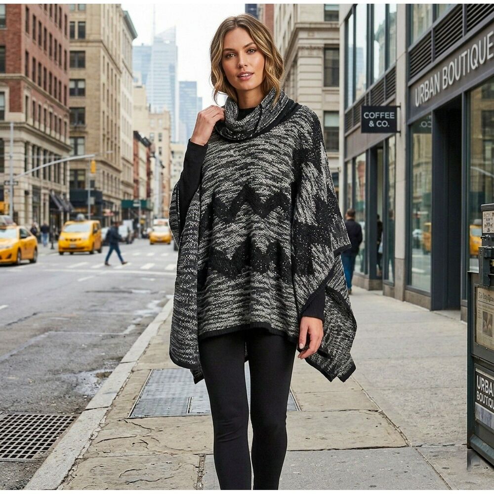 NWOT Vertigo Lambswool Blend Gray & Black Chevron Cowl Neck Poncho - Small